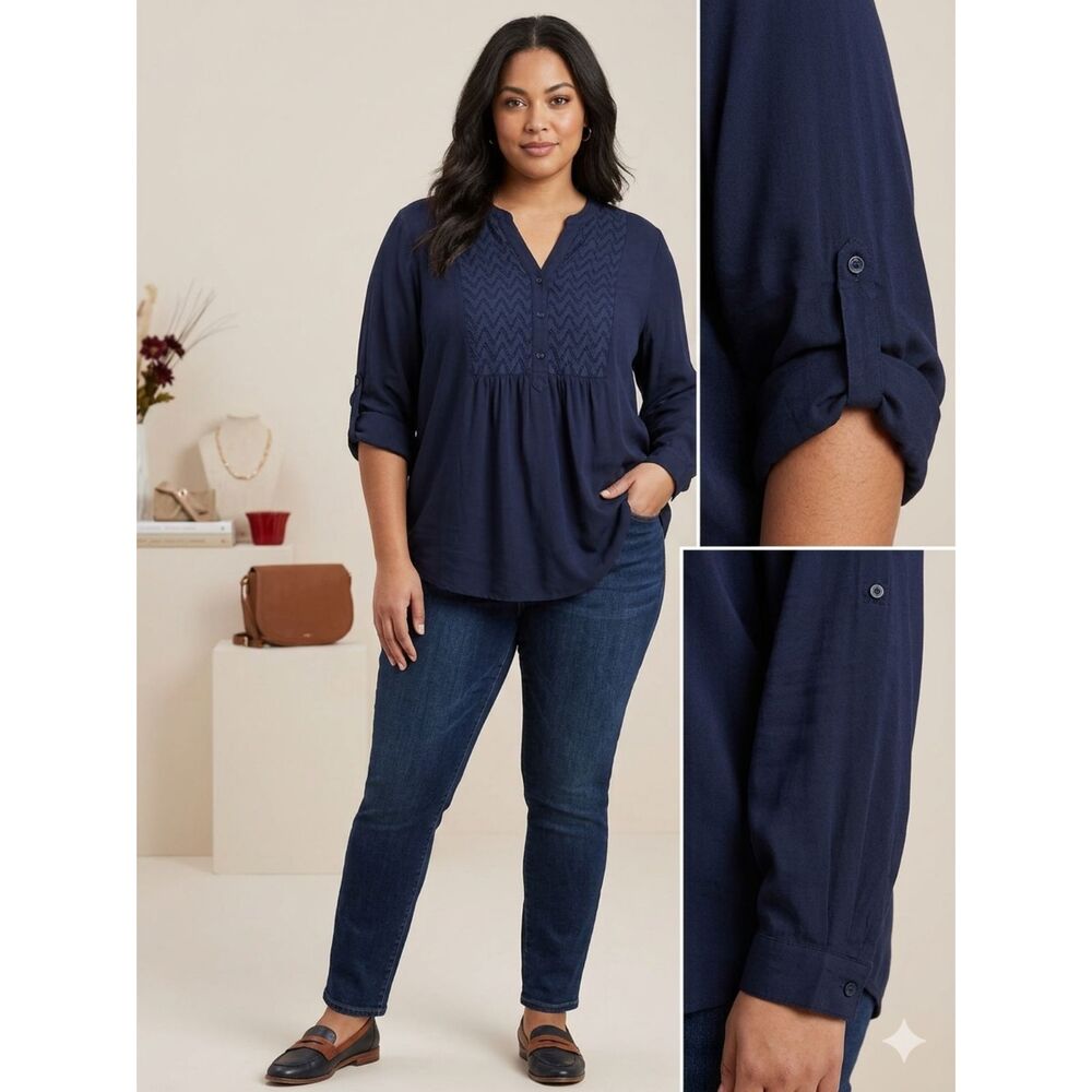 Navy Long sleeve rayon V-Neck Blouse with button front and pin tuck detail 2X
